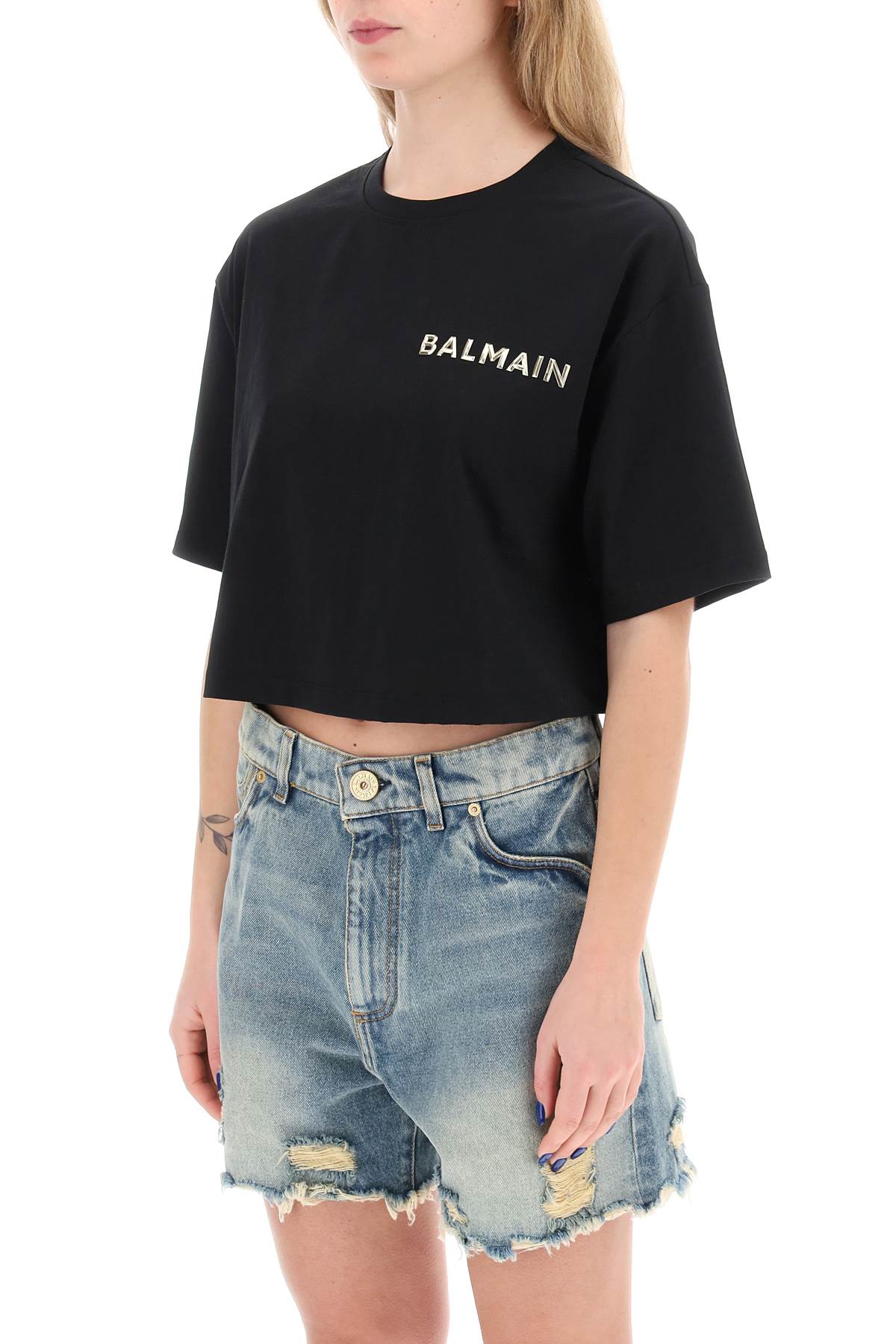 BALMAIN cropped t-shirt with metallic logo