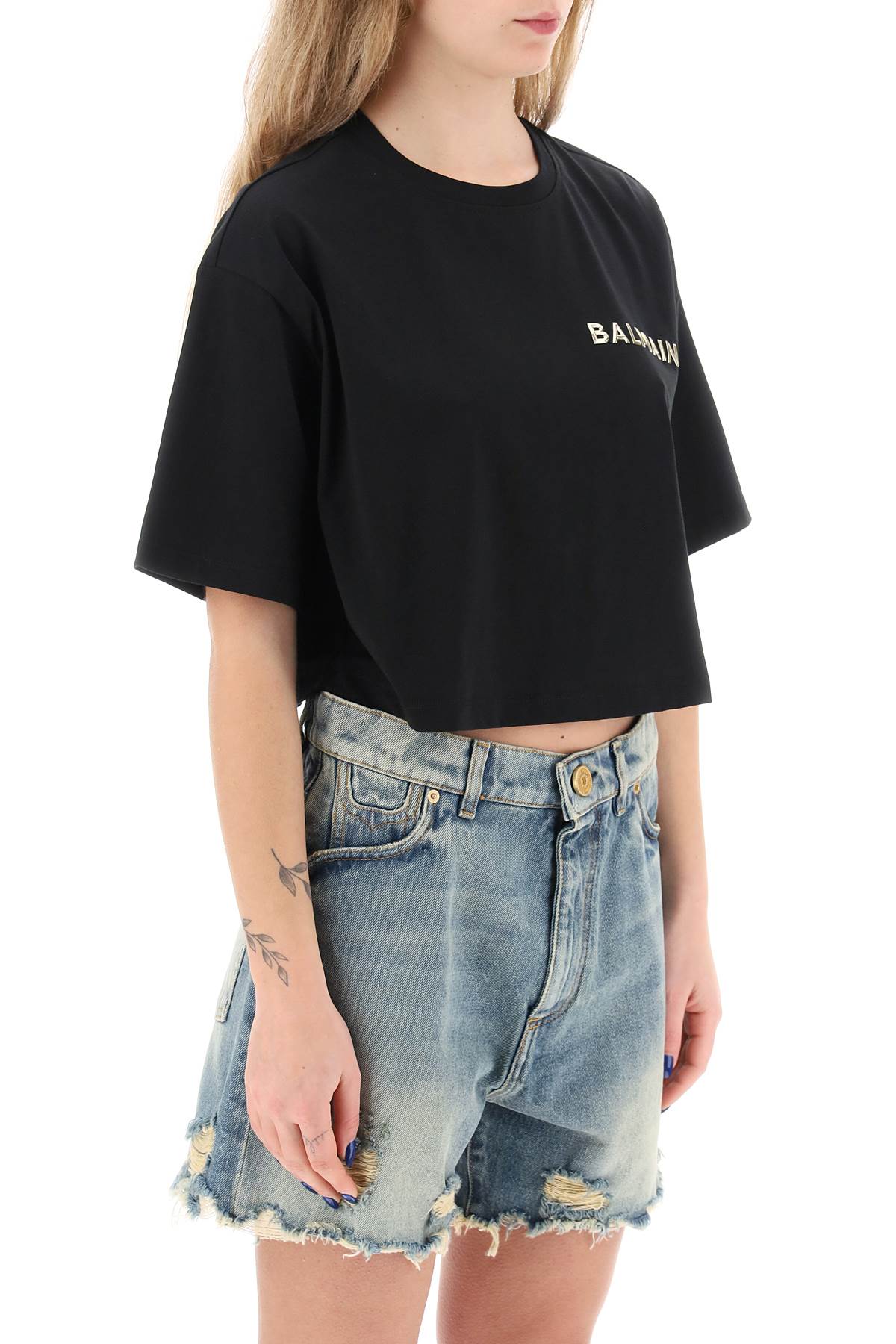 BALMAIN cropped t-shirt with metallic logo