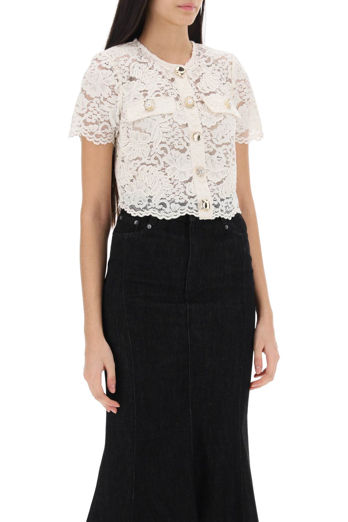 SELF PORTRAIT lace cropped top with diamanté buttons