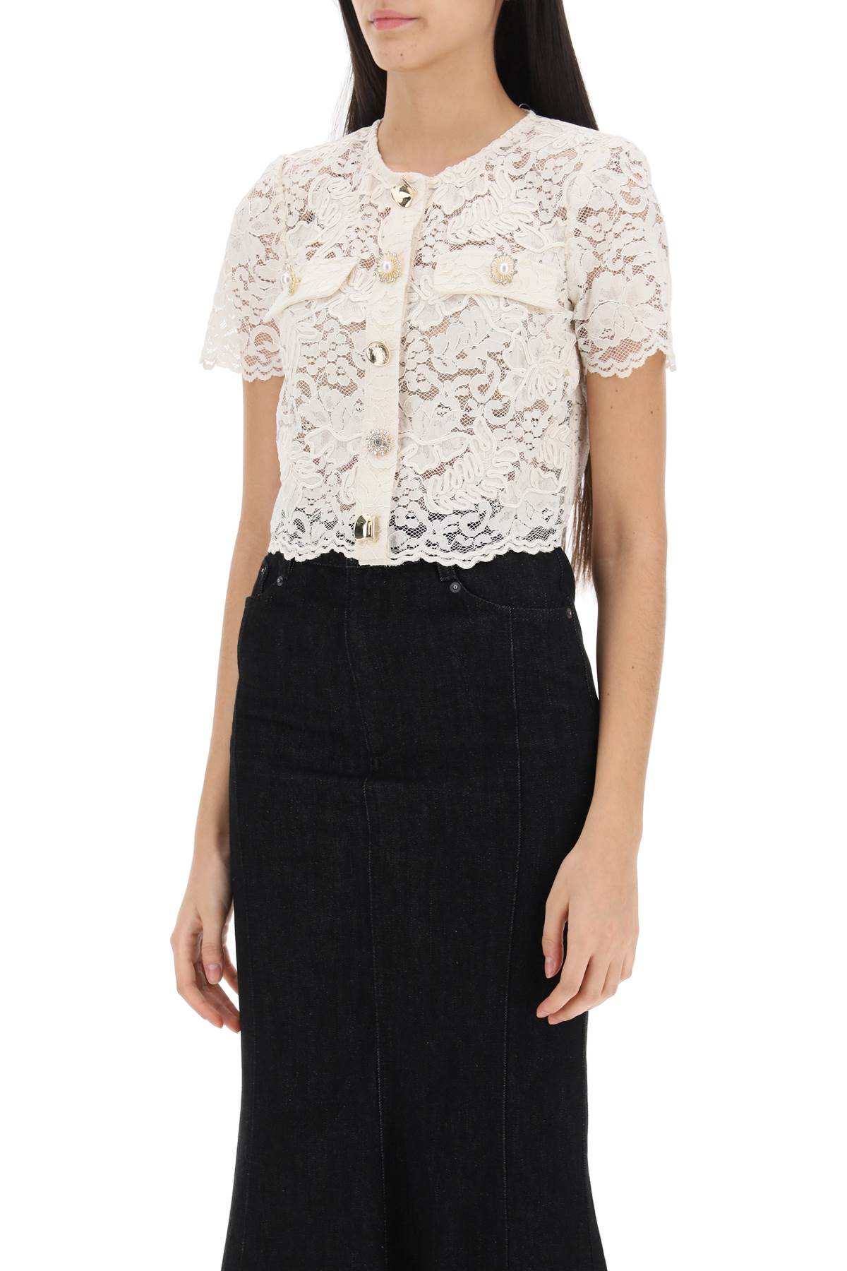 SELF PORTRAIT lace cropped top with diamanté buttons